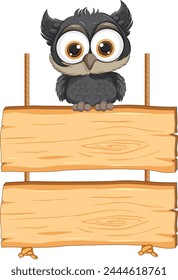 Adorable cartoon owl perched on blank signboards.