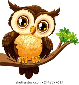 Adorable cartoon owl sitting on a tree limb