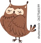 Adorable cartoon owl sleeping peacefully with eyes closed, featuring soft brown plumage and tiny claws, creating a charming and tranquil atmosphere perfect for any nursery or decor