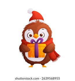 Adorable cartoon owl wearing a Santa hat and scarf. Owl is holding a wrapped Christmas present, perfect for holiday designs and celebrations.