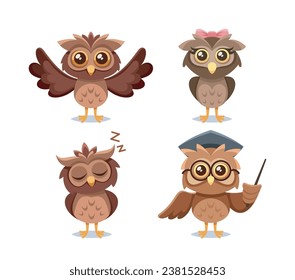 Adorable Cartoon Owls With Big, Round Eyes, Fluffy Feathers And Charming Expression. Sleepy Owlet, Girl And Teacher