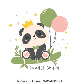 Adorable Cartoon Panda with bamboo and balloons, nursery baby shower kid illustration.