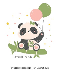 Adorable Cartoon Panda with bamboo and balloons, nursery baby shower kid illustration.