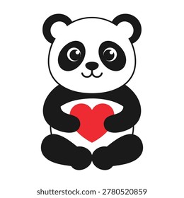 Adorable cartoon panda bear sitting and holding a red heart symbol in its paws, conveying love and affection in a simple yet endearing illustration.