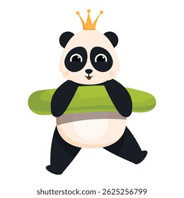 Adorável urso panda cartoon vestindo uma coroa dourada e segurando um bambu vara
