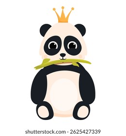 Adorable cartoon panda bear wearing a golden crown and chewing on a piece of bamboo