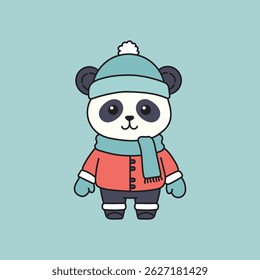 Adorable cartoon panda character dressed in winter clothing including a beanie hat, scarf, mittens, and a warm jacket. Perfect for children's illustrations, winter themes, holiday designs, and mascot