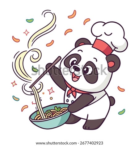 Adorable cartoon panda dressed as a chef, wearing a hat and scarf while happily cooking noodles in a bowl. 