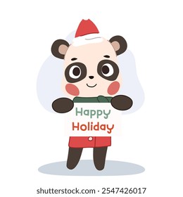 Adorable cartoon panda dressed in a festive Christmas costume, holding a "Happy Holiday" sign.