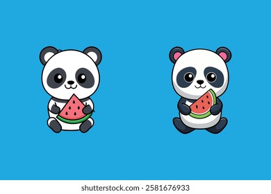 Adorable cartoon panda enjoying a juicy watermelon in a vibrant summer scenery. Perfect for kids' designs, stickers, and digital prints. High-quality vector artwork.