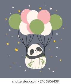 Adorable Cartoon Panda floating in air balloon, nursery baby shower kid illustration.