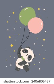 Adorable Cartoon Panda floating with balloon, nursery baby shower kid illustration.