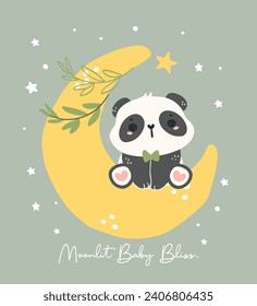 Adorable Cartoon Panda Nursery Art. Cute hand drawn illustration of a baby panda sitting on a crescent, perfect for baby shower themes.