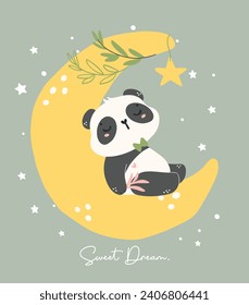 Adorable Cartoon Panda Nursery Art. Cute hand drawn illustration of a baby panda sleeping on a crescent, perfect for baby shower themes.