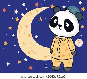Adorable Cartoon panda in pajamas against the background of the starry Night sky space  and crescent moon. Image is perfect for bedtime stories or nursery background. 