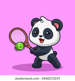 Adorable Panda De Dibujos Animados Jugando Tenis Lindo Deporte Personaje Ilustración