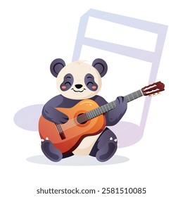 An adorable cartoon panda sits and plays an acoustic guitar, enjoying the music. Vector illustration in a fun style.  
