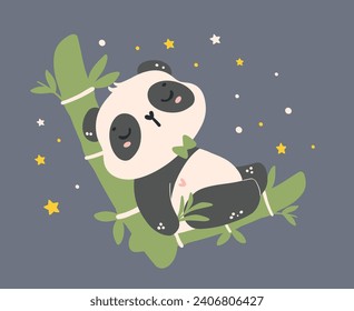 Adorable Cartoon Panda sleeping on bamboo, nursery baby shower kid illustration.