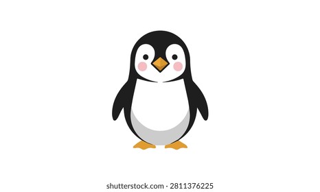 Adorable cartoon penguin with black and white body, orange beak and feet, pink cheeks, standing against a plain background creating a cute playful scene