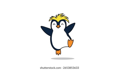 Adorável personagem de pinguim de desenho animado alegremente dançando e expressando felicidade com um grande sorriso e asas acenando