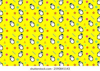 Adorable cartoon penguin design pattern background, surrounded by colorful geometric elements such as stars, circles, triangles and zig-zag lines. Suitable for graphic design, fabric dan wallpaper.