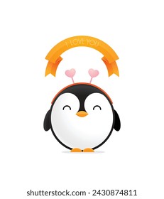 Adorable Cartoon Penguin Expressing Love With Hearts and I Love You Banner. Vector Illustration.