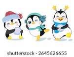 Adorable cartoon penguins dressed in winter hats and scarves, playing with snowballs. Perfect for holiday cards, kids designs, winter games, festive prints, and seasonal decorations.