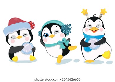 Adorable cartoon penguins dressed in winter hats and scarves, playing with snowballs. Perfect for holiday cards, kids designs, winter games, festive prints, and seasonal decorations.