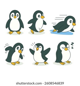 Adorable cartoon penguins in various poses: walking, sliding, flapping, and sleeping. Perfect for vector stickers, kids illustrations, and winter-themed designs.