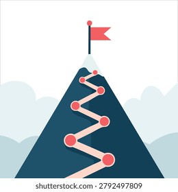 Adorable cartoon picture of creative theme achieving goal top mountain rich red flag top trajectory victory over a plain white background design