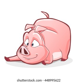 Adorable cartoon pig character laying on the ground and ready to play