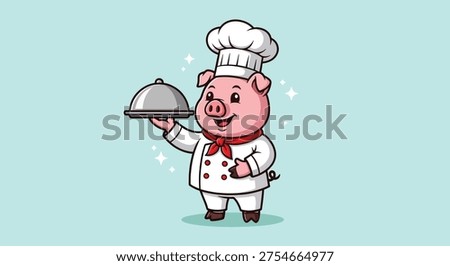Adorable cartoon pig dressed as a chef, wearing a toque and uniform, happily presenting a meal under a silver cloche.