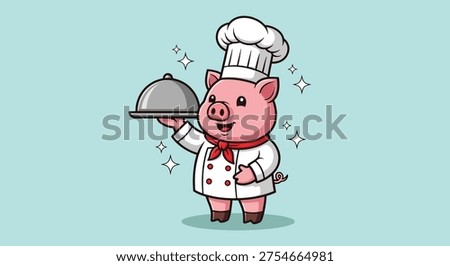 An adorable cartoon pig dressed as a chef, wearing a chef's hat and uniform, holding a silver food cloche with a happy expression.