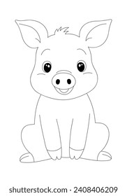 Adorable cartoon piggy for coloring page. Hand drawn vector contoured black and white illustration. Design template for kids coloring book, poster or postcard.