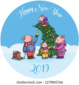 Adorable Cartoon Pigs, Symbol of 2019 Chinese New Year. Piglets Cheerfully Celebrating, Decorating the Christmas Tree. Cute Chinese Pig Vector Illustration. With Text