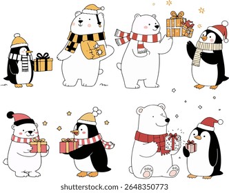 Adorable cartoon polar bears and penguins wearing hats and scarves, holding Christmas presents. Festive and heartwarming illustration.
