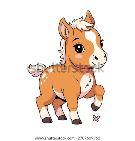 Adorable cartoon pony prancing playfully, a charming illustration perfect for children's books and heartwarming animal-themed designs, scalable vector