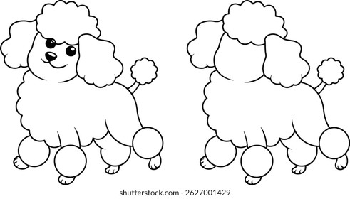 Adorable cartoon poodle dog outlines in two poses smiling and facing away on white background