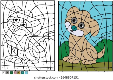 Adorable Cartoon Puppy Color by Number Educational Activity for Kids, Featuring Black and White Outline with Numbers and a Fully Colored Illustration of a Happy Dog.