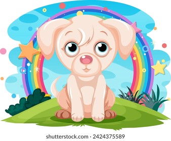 Adorable cachorro de dibujos animados con un colorido fondo de arco iris