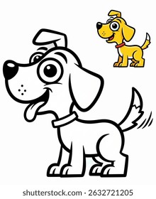An adorable cartoon puppy is ready for coloring, presented as a black and white outline drawing.