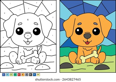 Adorable cartoon puppy sitting happily with a bone, presented as a color by number activity page alongside the finished colored illustration, ideal for children learning numbers and colors.