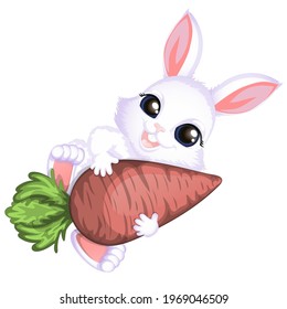 Adorable cartoon rabbit with big red tasty carrot.Cartoon vector illustration.White bunny.The big carrot.Vector illustration.