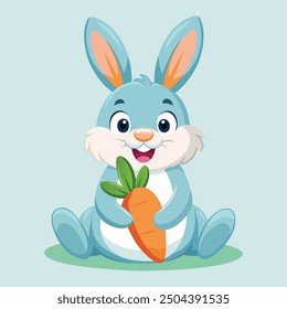 Adorable conejo de dibujos animados en azul y blanco, sosteniendo una zanahoria. Perfecto para libros infantiles, temas de Pascua e ilustraciones de animales juguetones. Ideal para proyectos de primavera y diseños amigables con los niños.