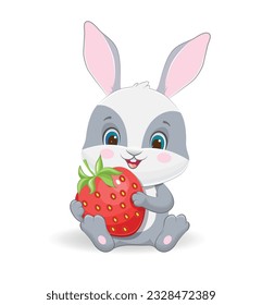 Adorable cartoon rabbit with strawberry. Isolated illustration on white background.Vector illustration