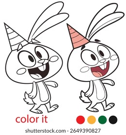 Adorable Cartoon Rabbits with Party Hats Coloring Page – Fun and Playful Bunny Characters in Bold Line Art for Kids Printable Activity Boo