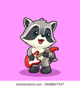 Adorable Cartoon Raccoon Playing Guitar Cute Musical Character Illustration