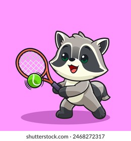 Adorable Cartoon Raccoon Playing Tennis Cute Sports Character Illustration