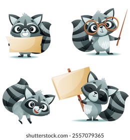 Adorable cartoon raccoons joyfully holding colorful signs and wearing stylish glasses, perfect for fun illustrations