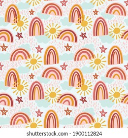 Adorable cartoon rainbow pattern with clouds and stars. Bohemian style seamless vector pattern. Perfect for children's clothing textiles and other printed items.